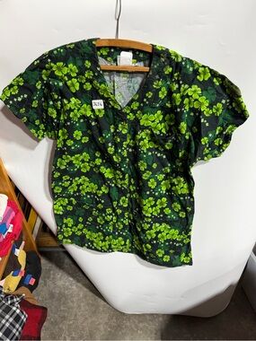 #3636- Black Scrub Top with Bright Green Clover Print